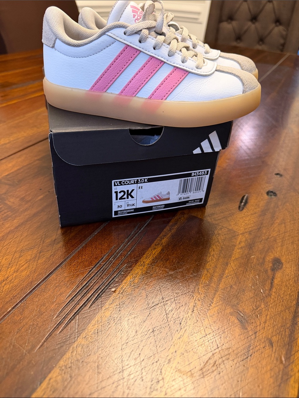 adidas Kids VL Court 3.0 K Sneakers - White with Pink Stripes and Gum Sole